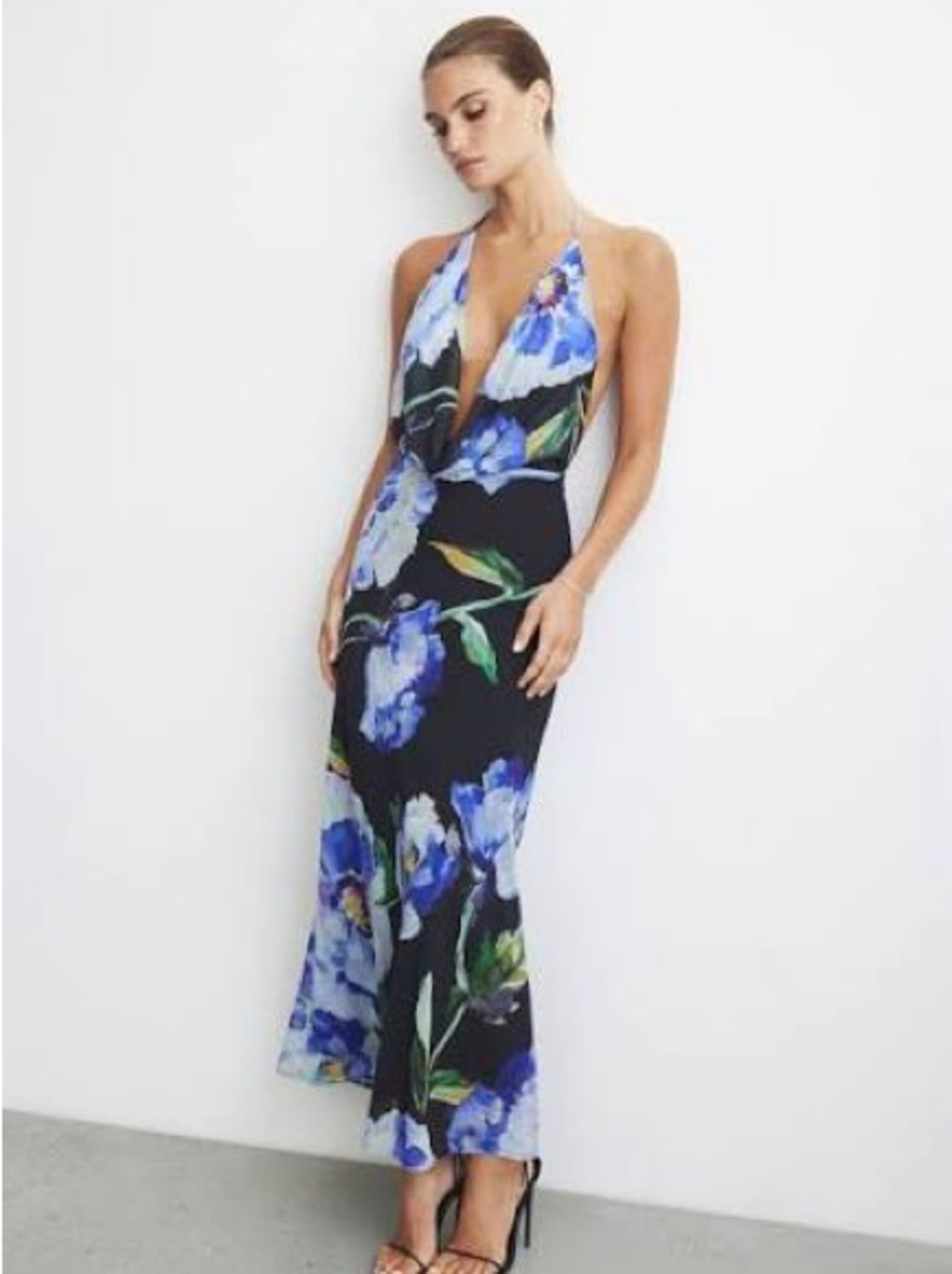 Dynamite Black Halter Maxi Dress with Blue Floral Print